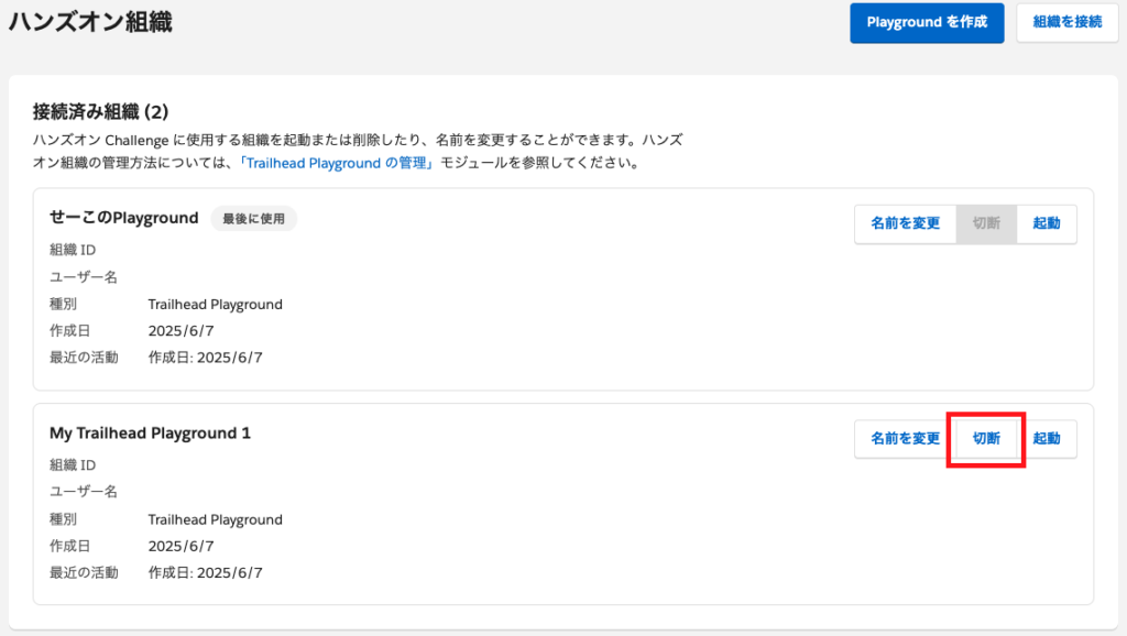 接続済みのPlayground一覧と、名前変更・切断・起動の各ボタンが表示された画面