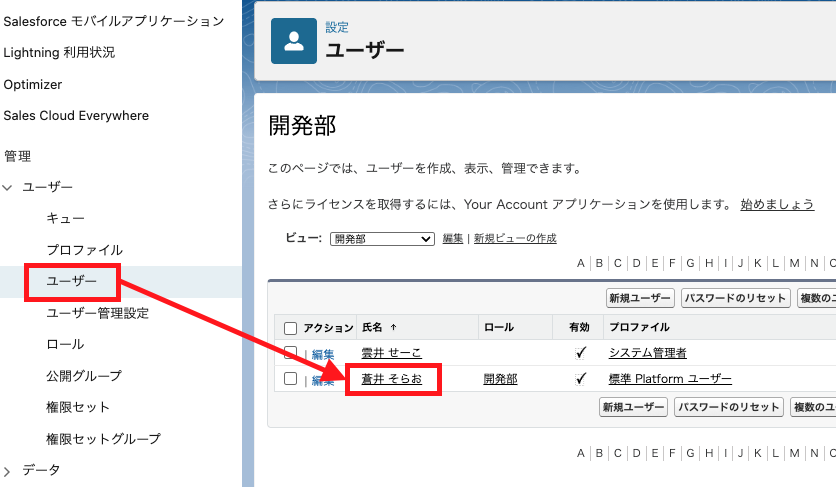 ユーザー詳細から権限セットグループ割り当てを開始する画面
